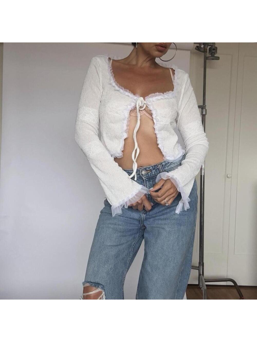 Y2K White lace crop top